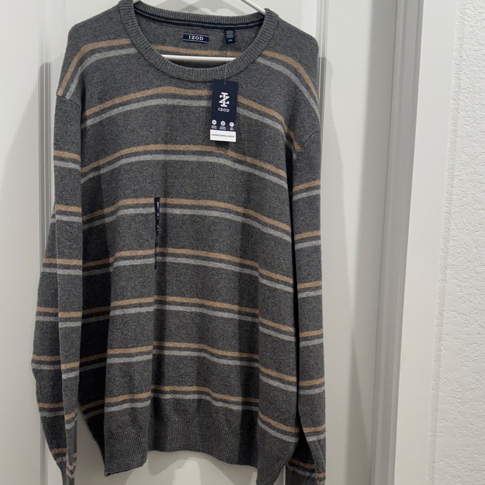 IZOD Men's Charcoal and Tan Striped Crewneck Sweater